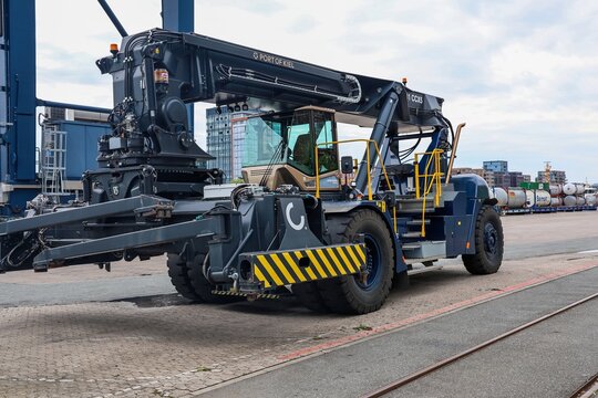 Kiel, Germany - 02. July 2026: Port of Kiel container handling crane moving cargo