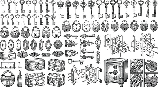 Vintage keys, padlocks, and antique locks vector set with treasure chests and security hardware