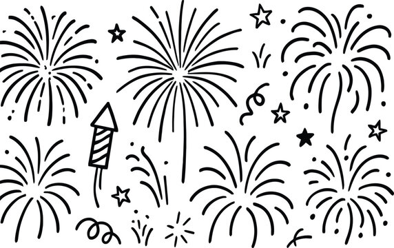 Collection of black hand drawn fireworks doodles stars and rocket on transparent background.
