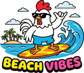Naklejka premium Beach Vibes Chicken Cartoon Mascot Surfing Ocean Wave with Palm Trees Illustration