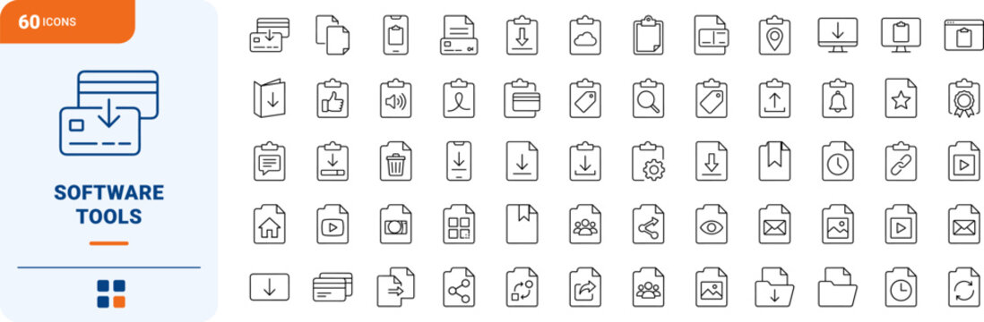 Software editing line icon set. Vector pictograms of clipboard, formatting, transfer, and management elements, thin linear illustration.
