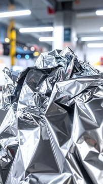 Close-up of crumpled metallic material in an industrial setting.