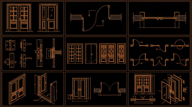 Detailed Double Door Symbols CAD Blueprint Vector Set Multi View Architectural Technical Drawing Orange Outline