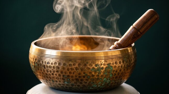 Tibetan Singing Bowl with Rising Smoke and Wooden Mallet, Meditation and Sound Healing Concept