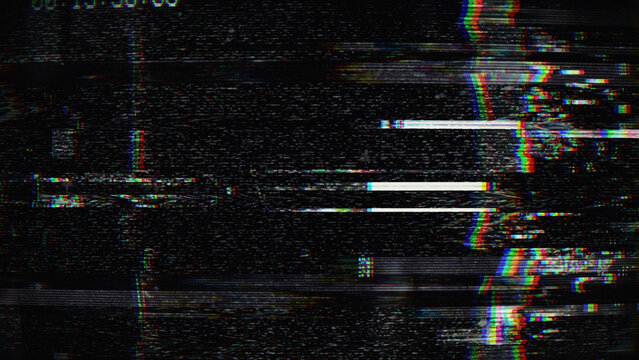VHS Glitch Overlay with Static Noise Timecode and RGB Distortion Effect on Black Background