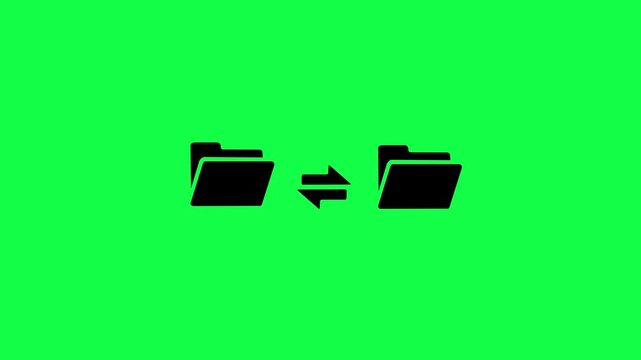 Animated data exchange themes on a green background. Two folders exchanging information showing file synchronization digital data transfer concept. Data transfer and file management in flat design