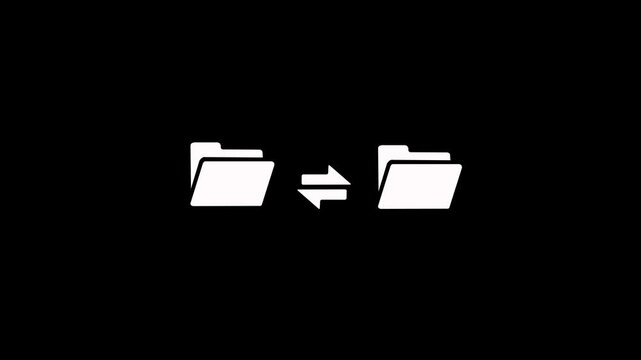 Animated data exchange themes on a black background. Two folders exchanging information showing file synchronization digital data transfer concept. Data transfer and file management in flat design