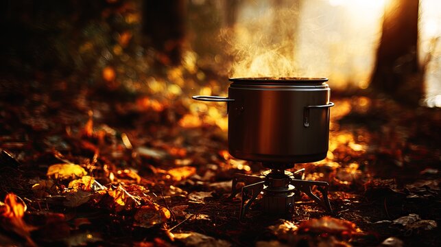 A stainless steel pot simmering over a portable camping stove amidst a forest of fallen autumn leaves, creating a cozy scene