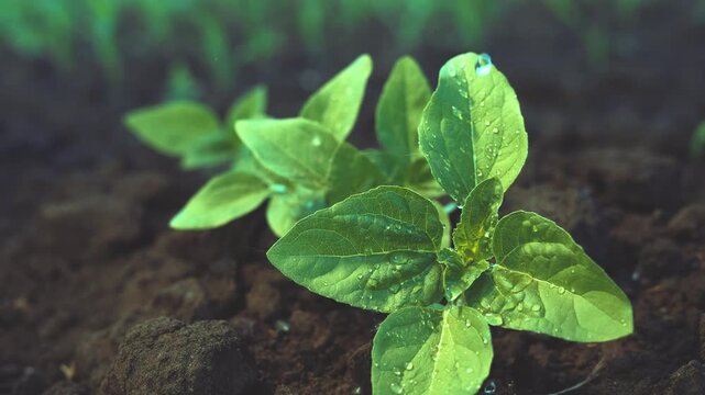 The vibrant green leaves showcase healthy plant growth, as water droplets rest on the leaves, illustrating nourishing conditions in the rich soil.