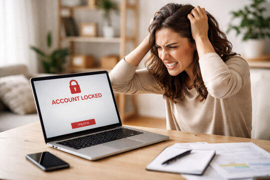 frustrated woman with locked account on laptop