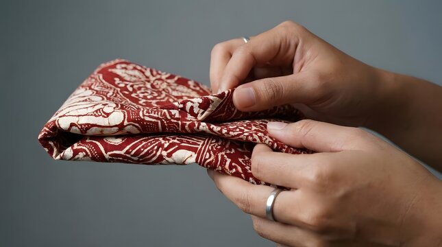 Hands folding traditional Indonesian batik pattern fabric carefully.