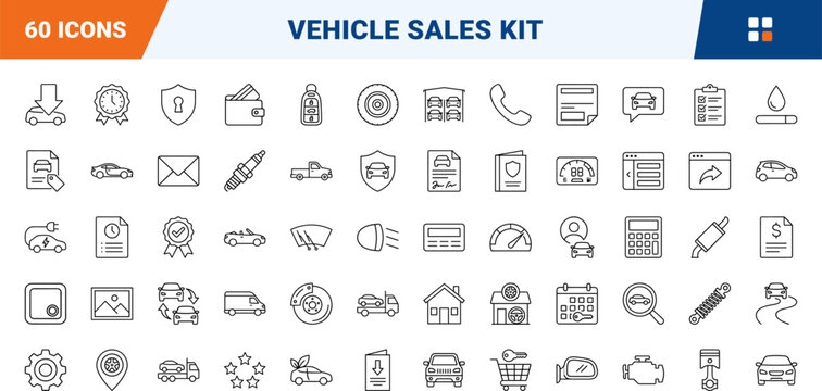 Car dealership website line icon set. Vector pictograms of auto, sales, vehicle, and inventory elements, thin linear illustration.
