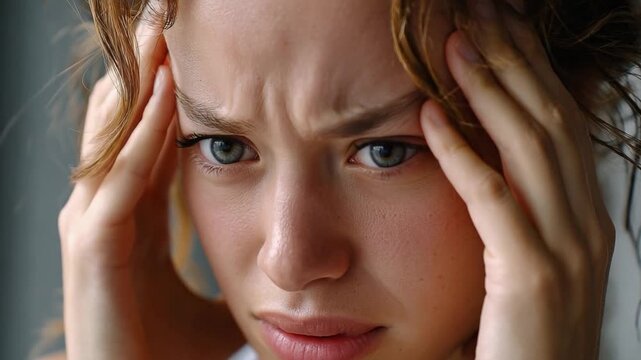 Headache and Stress: A young woman clutches her head in distress, her brow furrowed in pain, experiencing the throbbing discomfort of a severe headache.