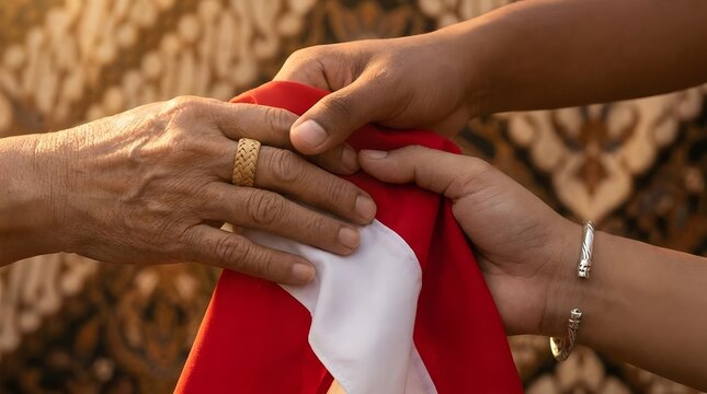 Hands holding red and white cloth over batik.