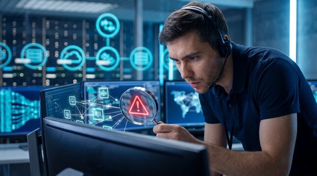 Focused male technician working in a cybersecurity control room, analyzing data on multiple screens.