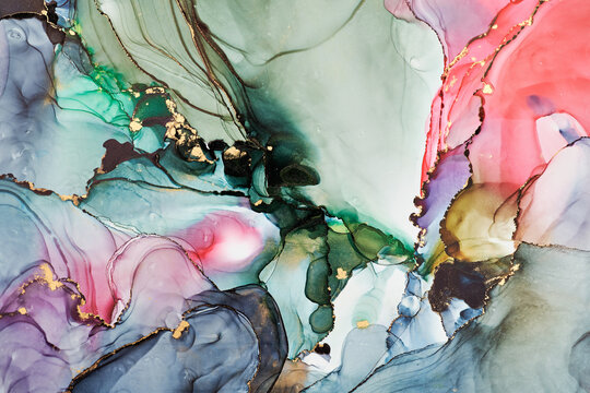 Currents of translucent hues, snaking metallic swirls, and foamy sprays of color shape the landscape of these free-flowing textures. Natural luxury abstract fluid art painting in liquid ink technique