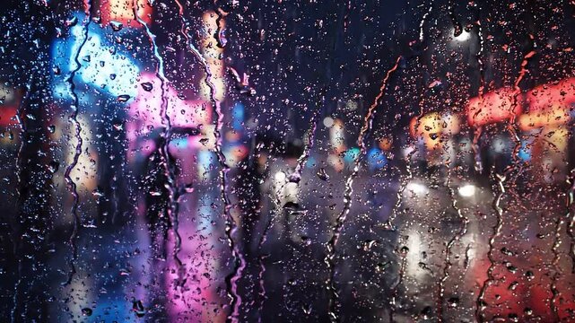 Rain-soaked window view showing blurred silhouettes of pedestrians walking past colorful neon lights on a wet urban street at night with reflections on the pavement
