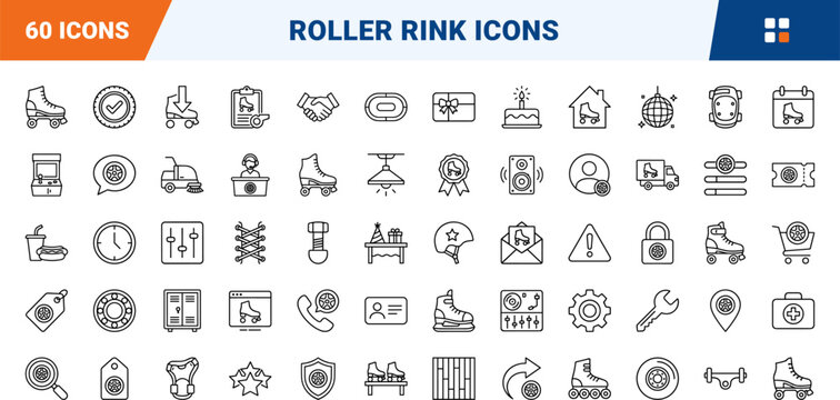 Roller rink website line icon set. Vector pictograms of skate, quad, inline, and disco elements, thin linear illustration.