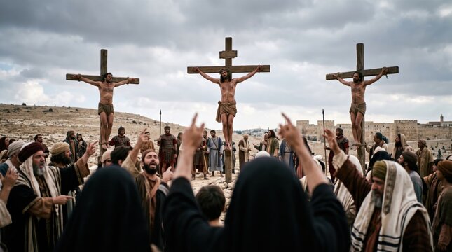Jesus and two criminals on wooden crosses at Calvary. Bible scene of crucifixion with shouting crowd, Roman soldiers, and grieving mourners. Ancient history drama and religious faith concept.