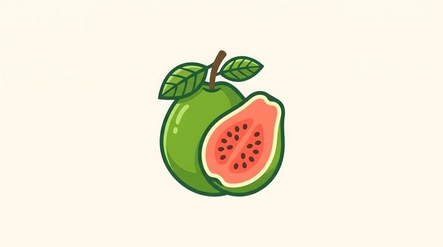 Vector illustration of a fresh green guava fruit with a half slice showing pink flesh and black seeds, isolated on a clean light background
