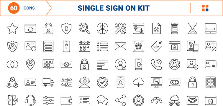 Social login interface line icon set. Vector pictograms of single, sso, account, and connection elements, thin linear illustration.