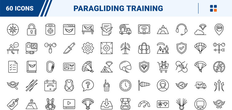 Paragliding school website line icon set. Vector pictograms of aviation, equipment, flight, and training elements, thin linear illustration.