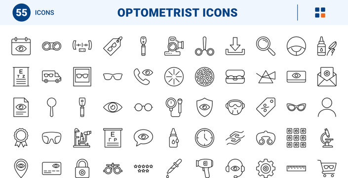 Optometrist website line icon set. Vector pictograms of eye, care, optical, and vision elements, thin linear illustration.