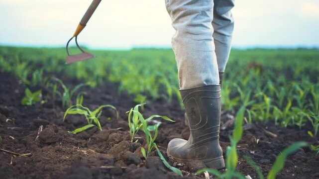 A man stands in a field of corn, the man holding a hoe, surrounded by green corn plants. The man wears black rubber boots and light jeans in the cultivated soil.