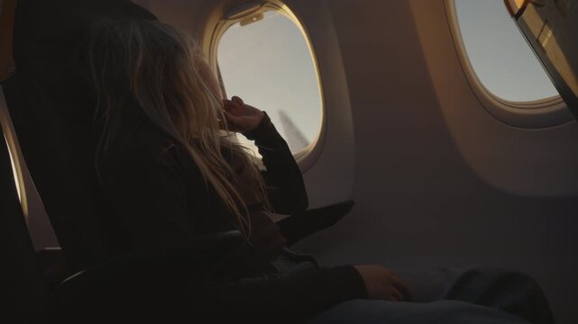 A young blonde girl sits in her seat and looks out of the window of a passenger airplane during a commercial flight