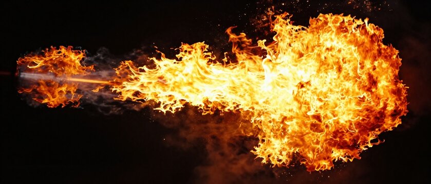 Flamethrower shooting intense fire stream with dark background.