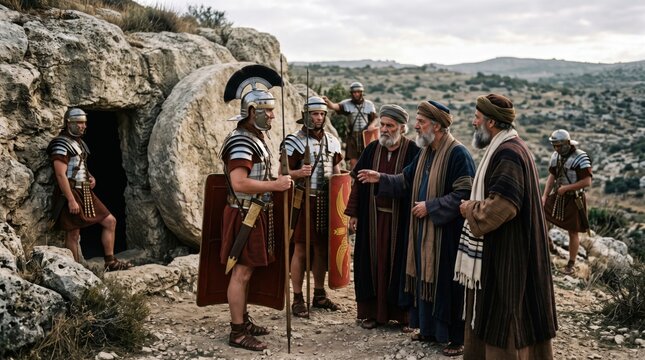 Roman soldiers standing guard at the tomb entrance. Pharisees negotiating with guards to secure the burial site. Biblical scene representing the events described in the Gospel of Matthew.