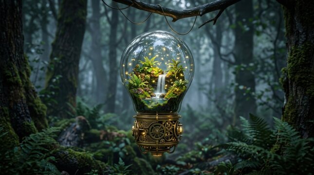 Enchanting Forest Scene with Magical Glass Dome and Waterfall Display