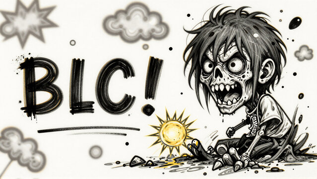 Cartoon zombie character crawling in black and white sketch