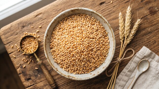 Wheat grains displayed in ceramic bowl and copper measuring spoon on rustic wood with linen napkin and dried cereal ears in soft light.