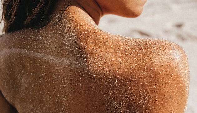 Close-up of woman's back with sand on skin, showing texture and natural light.