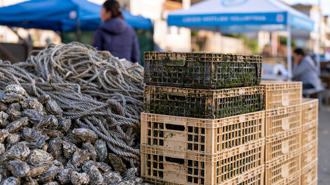 A crowded oyster farming cooperative stall shows a before state of tangled rope and algae covered cages beside a neatly organized after setup, a crisis hotline volunteer tent