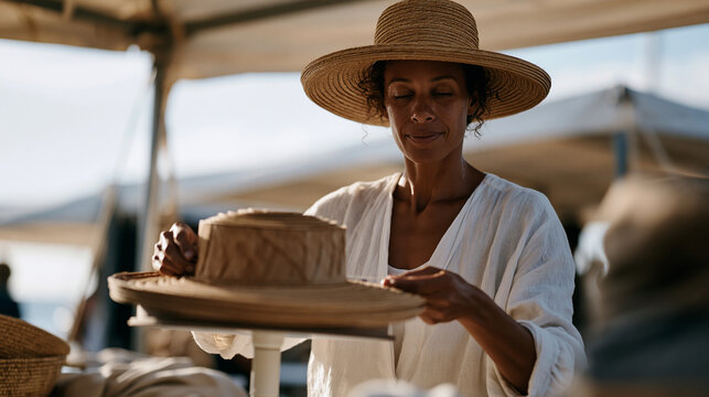 A milliner working alone under harsh midday sun at an outdoor market stall, pinning a wide brimmed structured hat onto a display stand, sweat on brow, professional focus,