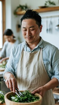 Asian couple cooking together in a bright home kitchen with fresh salad and aprons