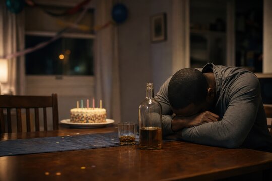Depressed man with alcohol bottle and glass at a birthday table