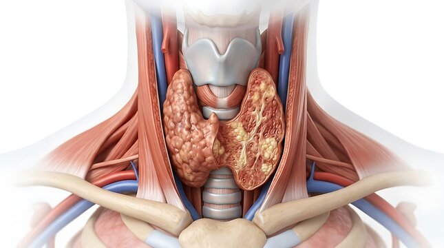 Anterior view of thyroid gland nodules in the human neck