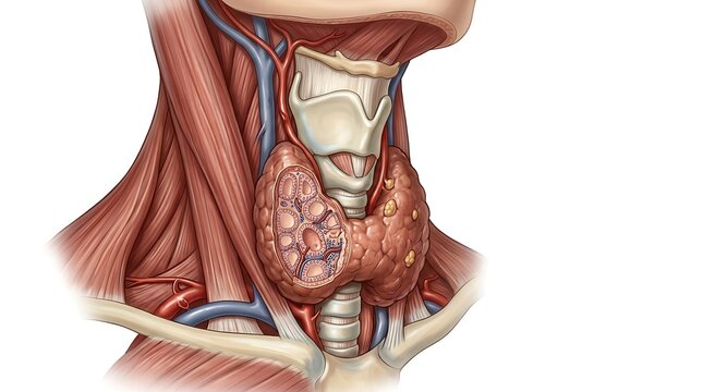 Detailed cross section of a thyroid gland with internal nodules
