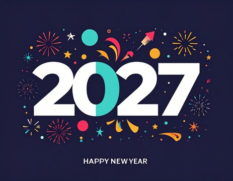 Happy New Year 2027 greeting card with colorful fireworks and festive celebration elements