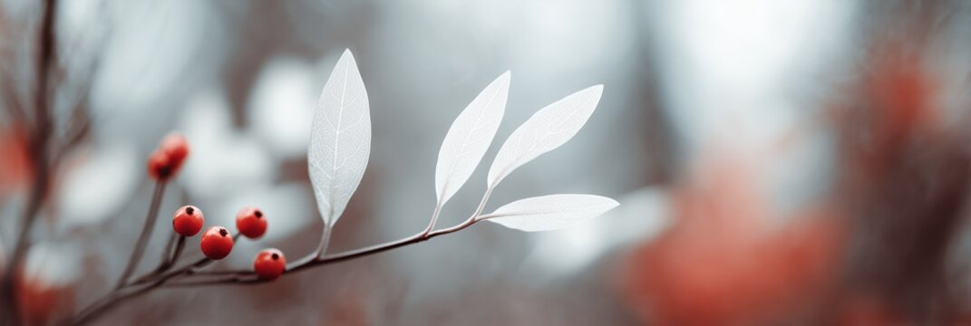 Red berries and pale white leaves on branch, blurred background