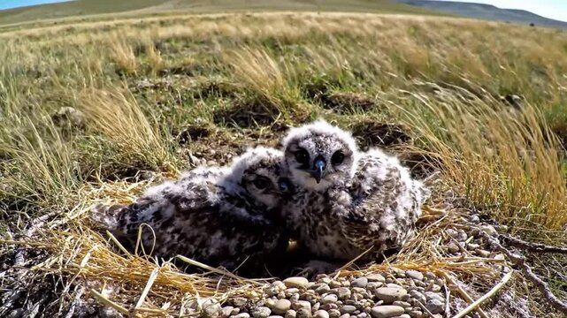 Cute two baby short-eared owls resting in their nest in a grassy field on a sunny day