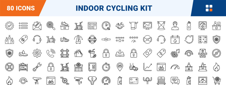 Spin studio website kit line icon set. Vector pictograms of indoor, cycling, exercise, and bike elements, thin linear illustration.