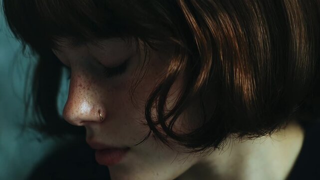Close up portrait of a young woman with freckles and closed eyes