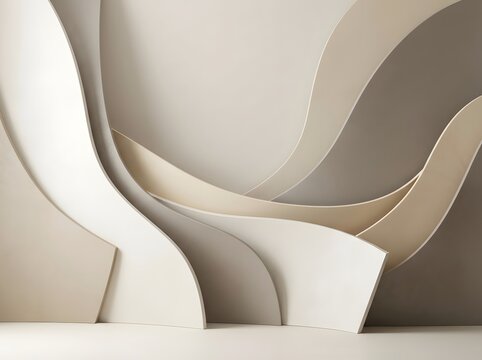 Abstract paper layers forming a curved wall with neutral beige and cream tones