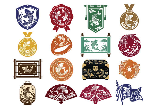 Collection of ornamental emblems and traditional decorative motifs featuring koi fish designs displayed artistically on various seals medals scrolls banners lanterns fans and ornate chests