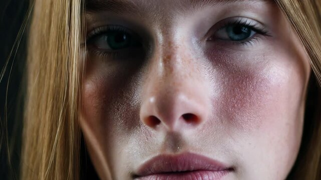 Close-up profile of a young woman's face with freckles and blue eyes