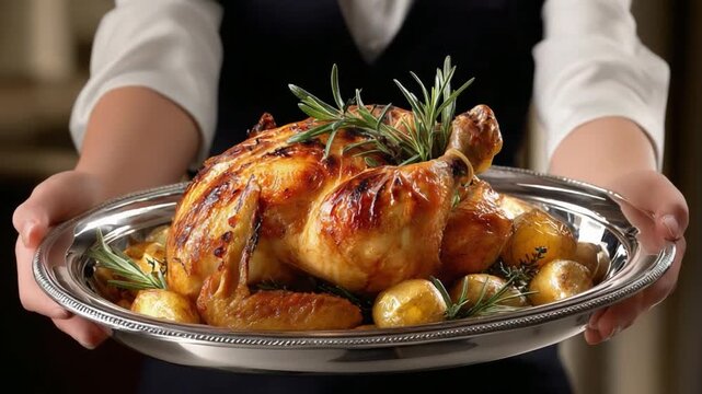 Golden Roasted Chicken Dinner: A perfectly roasted chicken, glistening and golden brown, is presented on a silver platter, adorned with fresh rosemary sprigs and accompanied by roasted potatoes.